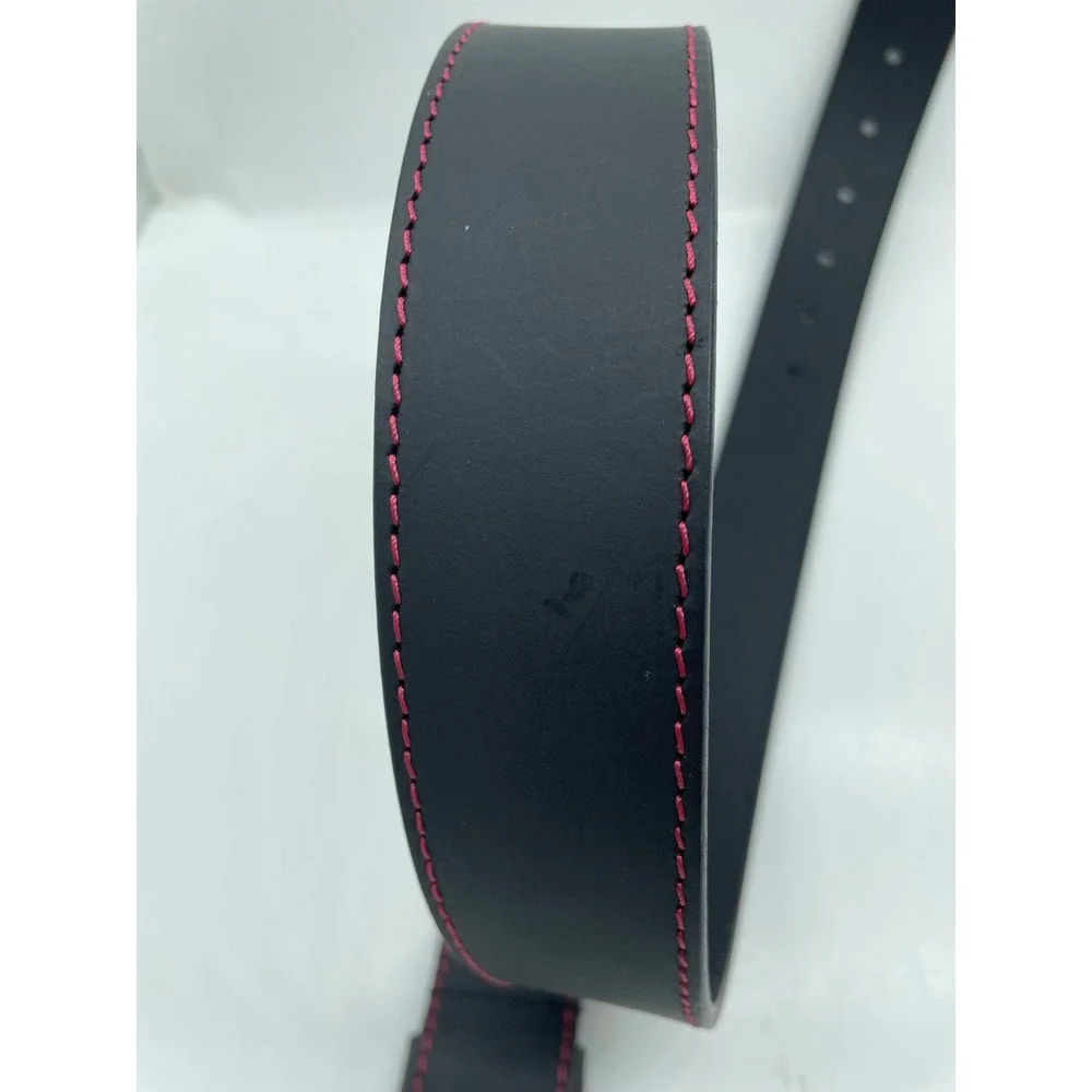 Guess Mens Genuine Leather Belt Black Red Contrast Stitch Matte Buckle New